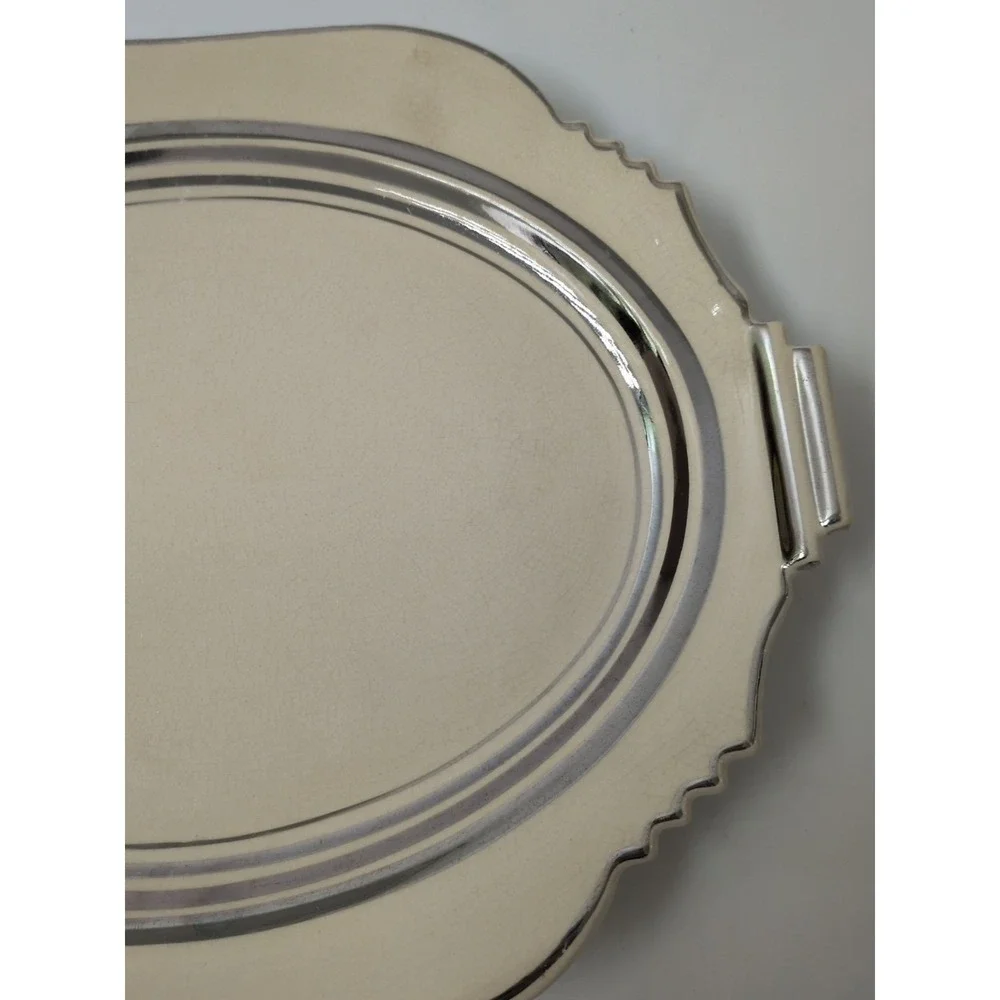 Leigh Potters Astoria Serving Platter Cream Silver Art Deco 12.5" Good Vintage - Picture 3 of 6